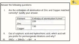 Enthalpies of atomisation of Zn and Cu, choice of acid in permanganate titration, redox equation