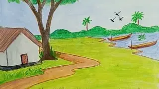 How to draw villages landscapes  scenery drawing/  village beautiful house scenery drawing Scenery. 