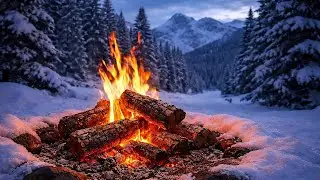 10 Hours Cozy Winter Campfire 🔥 Snowy Forest Ambience ❄️ Crackling Fire, Birds & Wind Sounds.