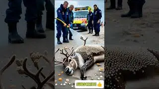 Beach Rescue: a reindeer covered in million bee swarm on the beach and rescue team cleaning bee.