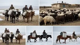 Pashtun Nomadic Family Migrating in Snowy Mountains with Goats and Sheep T Kuchi Life inAfghanistan