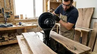 The Wood Treatment Techniques & Epoxy Resin Used To Create The Glossy Black Countertop
