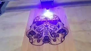 Storm Trooper  engraved on a Bamboo cutting board using The Ortur Laser Master 20 Watt Fixed Focus