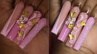 PINK GLITTER NAILS 🦋🌸 FLOWERS + DIOR | ACRYLIC NAIL TUTORIAL ✨