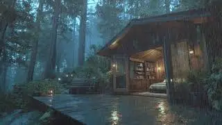 Heavy Rain on Wooden Deck in Forest Cabin | Soothing Rain Sounds for Sleeping