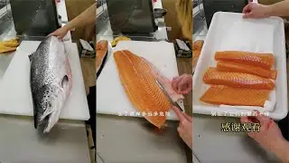 好久不见，今天用沉浸式的方式给大家演示一下如何分割三文鱼Today I will teach you how to divide a whole salmon