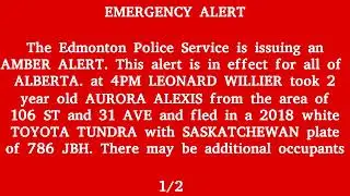 Canada Alert Ready - AMBER ALERT Issued by Edmonton Police Service (Alberta Province Wide Alert)