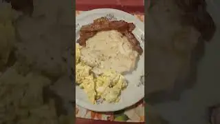 Saturday morning breakfast. ( Pancakes, eggs and bacon)
