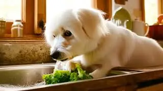Cute dog buying vegetables and cooking in modern kitchen | AI | DOG