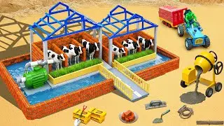 Godzilla Destroys Cow Barn - DIY Mini Tractor Builds a Strong Brick Cow Barn with Separate Stalls