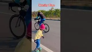 Morning cycling with skating practice 🌞#skating#youtubeshorts#cycling #shortsfeed#roadskating#viral