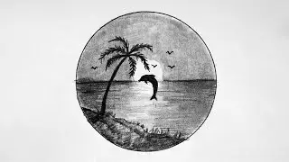 How to Draw A Scenery Sunset And Dolphin | Easy Circle Scenery Drawing