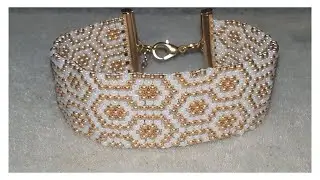 Bracelet manchette tissage peyote doré et blanc