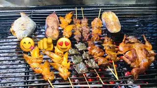 AMAZING man selling grilled quail,fish, sausage,hotdog, chicken wings at Dumex market,PhnomPenh City