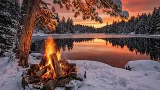 🔥 Winter Campfire by a Frozen Lake at Sunset | Cozy Snow Ambience for Sleep & Relax
