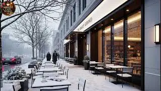 🔴Cozy Winter Day at Outdoor Coffee Shop Ambience ⛄ Soft Jazz Music & Crackling Fireplace to Relax