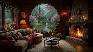 Old Castle Library🌙Crackle Fireplace, Gentle Rain & Ambient Sounds for Deep Focus, Reading & Study🌧️