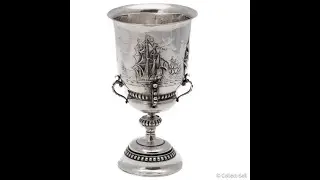 Dutch 833 Silver Chalice Cup by Jac van Straten &ndash; Maritime Engraved Ships &ndash; Amsterdam Assay c. 1918
