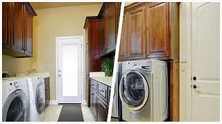 75 Travertine Floor Laundry Room With Medium Tone Wood Cabinets Design Ideas You'll Love 🔴