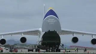 アントノフが北九州空港に壱岐で実証試験飛行の無人機ガーディアンを輸送 Antonov An-124 Ruslan UR-82073 at Kitakyushu, 2018