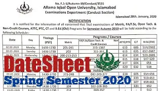 AIOU Date Sheet 2020 for Matric FA FSC BA PTC Courses
