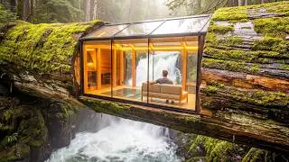 Building a Secret Room Inside a Tree Trunk Over a Waterfall to Survive Heavy Storms (ASMR)
