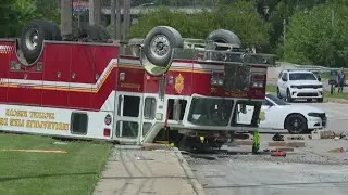 Firetruck rolls over on its way to fatal crash, 4 firefighters injured
