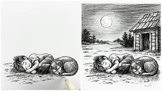 HOW TO DRAW A Sleeping Village Boy With His Dog Under Moonlight Scenery