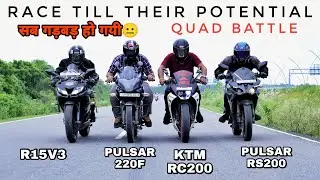 Pulsar RS200 Vs RC 200 Vs R15v3 Vs Pulsar 220F | Quad Battle | Long Race