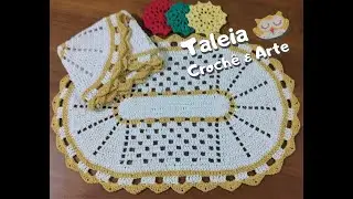 Tapete crochê oval prático barbante cru e amarelo