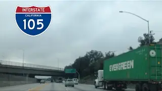Driving on Freeway 105 West towards Los Angeles International Airport (LAX) on a rainy day