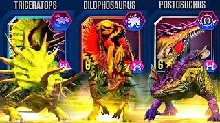 ALL 3 HEROES POSTOSUCHUS & TRICERATOPS & DILOPHOSAURUS MAX 6 STARTS | JURASSIC WORLD THE GAME