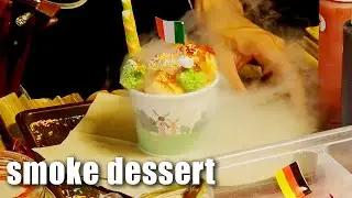 Amazing Smoke dessert. Food innovation Liquid nitrogen .Thailand Street food Asia.