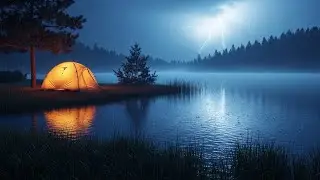 Lakeside Tent Rain Ambience 🌧️ Cozy Night by a Still Lake with Soft Thunder (4K)