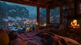 Soft Snowfall and Crackling Fire Sounds Fill a Cozy Winter Cabin Night for Deep Sleep