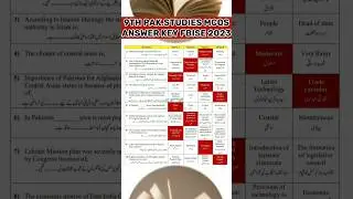 9th Pak.studies MCQs Answer Key Federal Board FBISE 2023|SSC-1 Objective Paper 2023 FBISE|#fbise