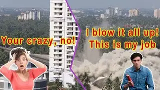 Epic explosion of buildings. Explosions, ruins and dust.
