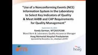 Tracking & Trending Nonconforming Events (NCEs) in the Blood Bank and Clinical Laboratory