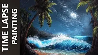 Ocean Waves on a Moonlit Beach - Acrylic Time Lapse Painting Tutorial