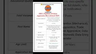 IOCL Pipelines Division Apprentice Recruitment 2025| New IOCL Vacancy 2025| dailyJobs updates#shorts