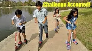 Kids Challenge: Scooter Razor Race At The Park - Doc vs E.L. vs Rocky vs Piper