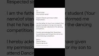 permission letter of parents for Dance competition. नृत्य प्रतियोगिता के लिए मातापिता का अनुमति पत्र