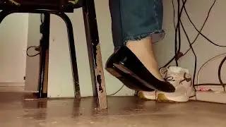 Patent Black Flats Shoeplay Under Table