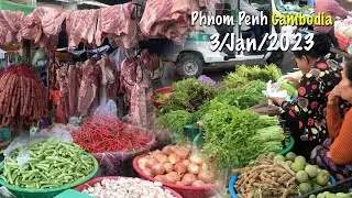 Cambodia Market (Derm Kor Market) In the morning busy activity Of Cambodian 3/Jan/2023