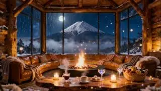 Heavy Rain Night in a Luxury Cabin Above Mount Fuji | Magical Fireplace Ambience for Deep Sleep