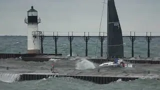 Sailboats Battle Big Waves on Lake Michigan