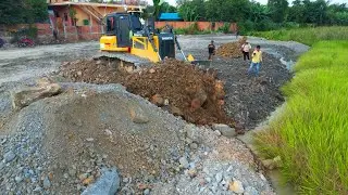 Project Bulldozer Landfill Stones work Road on Water Using Skill  and Truck Unloading Stone Filling