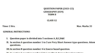 Class 12 Geography Final exam Question paper (2021 - 2022) | Cbse