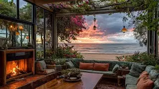 Seaside  Spring Garden Cabin at Sunset 🌅 Cozy Fireplace, Ocean Waves for Deep Sleep