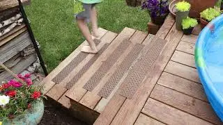 Aluminum Non-Slip Treads prevent falls on wood steps near pool